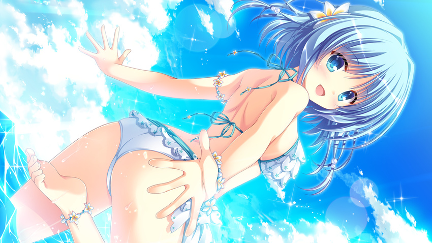 :d ame_(d.s._-dal_segno) anklet armlet ass bare_legs bare_shoulders barefoot beads bikini blue_eyes blue_hair blue_ribbon blue_sky blush cloud d.s._-dal_segno- day dutch_angle eyebrows eyebrows_visible_through_hair eyelashes flower frilled_bikini frills from_behind game_cg hair_beads hair_flower hair_ornament horizon jewelry leg_up lens_flare looking_back ocean open_mouth outstretched_arms ribbon short_hair sky smile soles solo spread_fingers standing standing_on_one_leg sunlight swimsuit takano_yuki_(allegro_mistic) tareme toes wading water white_bikini white_flower