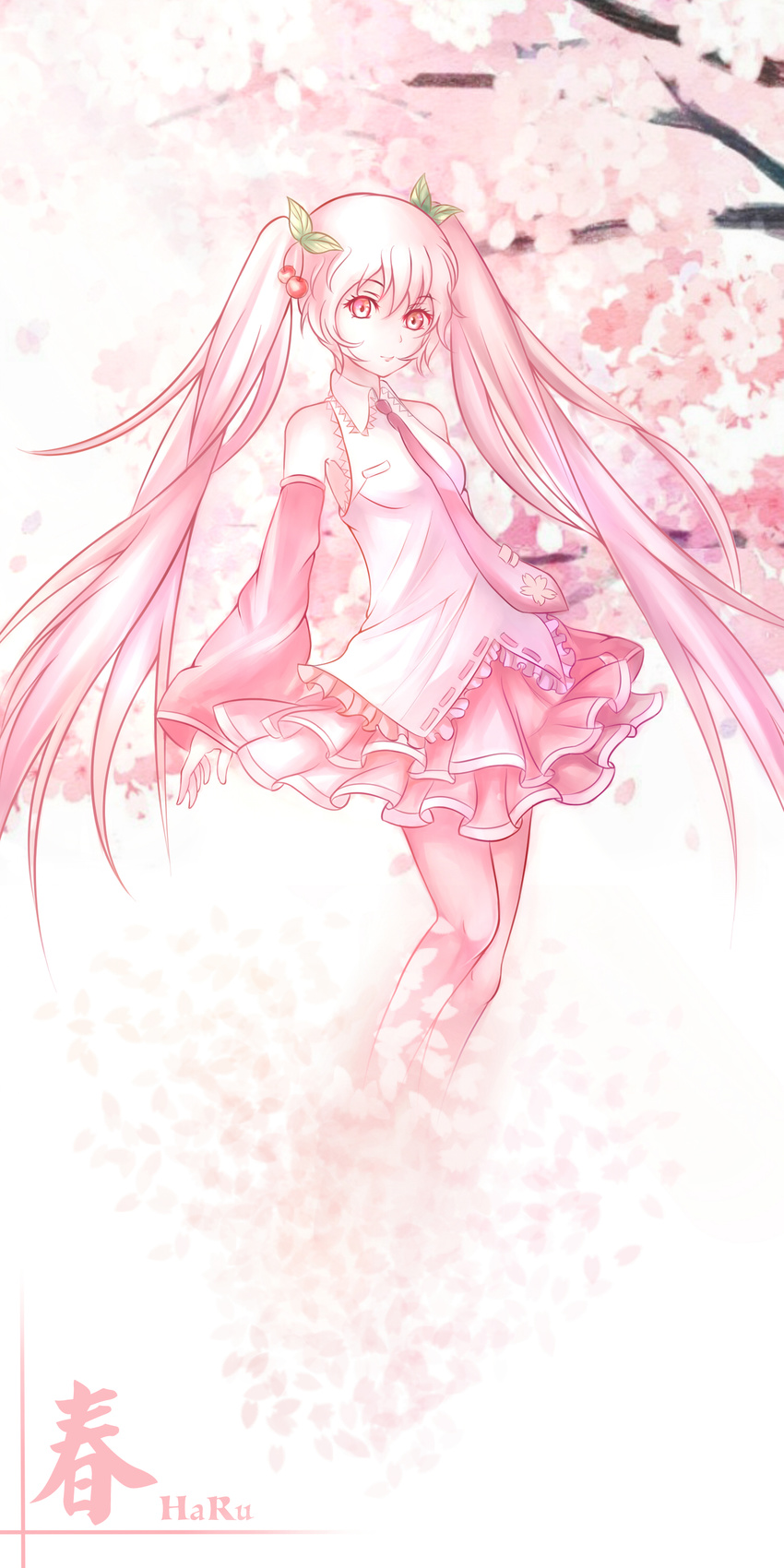 absurdres cherry_blossoms cherry_hair_ornament detached_sleeves dissolving food_themed_hair_ornament hair_ornament hatsune_miku highres layered_skirt long_hair necktie petals pink_eyes pink_hair sakura_miku skirt smile solo tree twintails vocaloid zuu_(qq770463651)