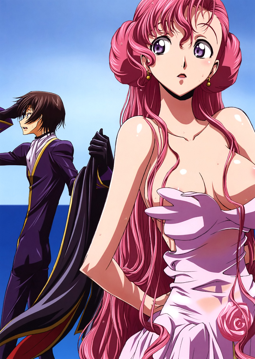 1girl :o absurdres areolae bare_shoulders black_hair blue_eyes blush breasts cleavage code_geass collarbone covered_navel day double_bun dress earrings euphemia_li_britannia highres horizon jewelry kimura_takahiro lelouch_lamperouge long_hair ocean official_art one_breast_out open_mouth out-of-frame_censoring outdoors parted_lips pink_hair profile purple_dress purple_eyes see-through short_hair sky strapless undressing very_long_hair water wet wet_clothes wet_dress white_dress