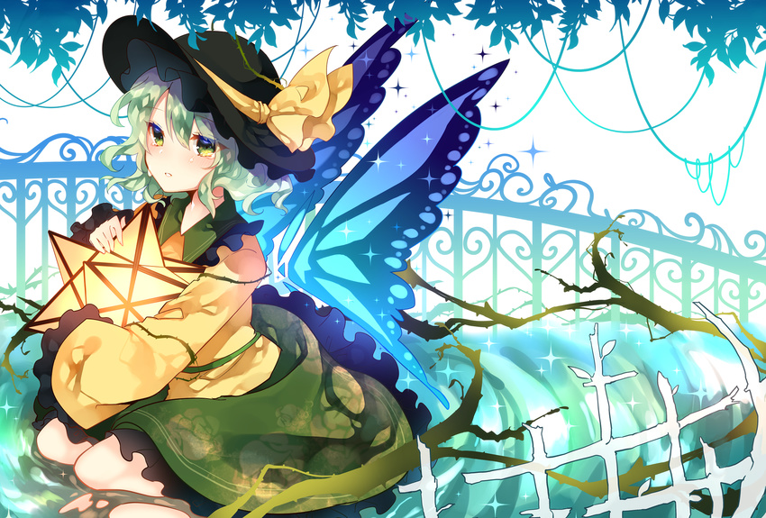 bad_id bad_pixiv_id black_hat blush bow bowler_hat butterfly_wings clenched_teeth crying crying_with_eyes_open detached_wings eyebrows eyebrows_visible_through_hair floral_print frilled_skirt frilled_sleeves frills full_body green_eyes green_hair green_skirt hat hat_bow highres holding jacket komeiji_koishi lantern light nose_blush parted_lips plant seiza simple_background sitting skirt solo sparkle sweetroad tears teeth thorns touhou vines water white_background wings yellow_bow yellow_jacket