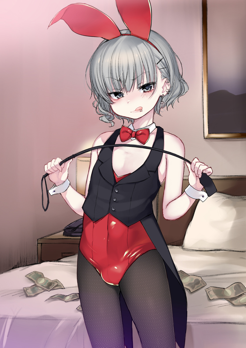 :p absurdres animal_ears blush bow bowtie bulge bunny_boy bunny_ears bunnysuit crossdressing dancho_(dancyo) detached_collar ear_piercing earrings fishnets hair_ornament hairclip highres jewelry lip_piercing looking_at_viewer male_focus male_prostitution money naughty_face original otoko_no_ko pantyhose piercing prostitution riding_crop silver_eyes silver_hair solo tongue tongue_out tongue_piercing vest yodogawa_kemuri