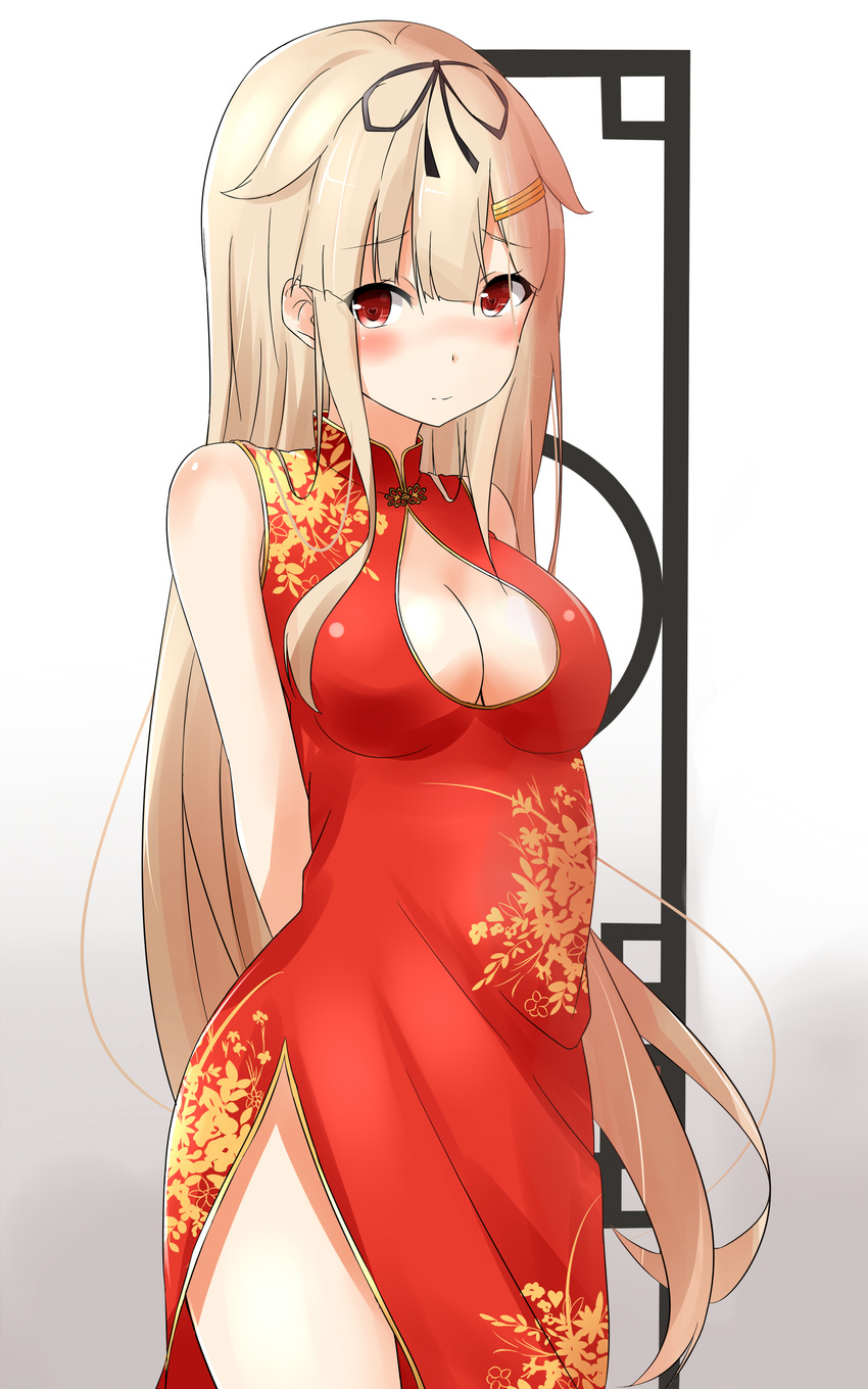 absurdres arms_behind_back bare_shoulders black_ribbon blonde_hair blush breasts china_dress chinese_clothes cleavage cowboy_shot dress hair_flaps hair_ornament hair_ribbon heart heart-shaped_pupils highres kantai_collection large_breasts long_hair looking_at_viewer no_panties red_eyes remodel_(kantai_collection) revision ribbon saku_(kudrove) side_slit solo symbol-shaped_pupils thighs yuudachi_(kantai_collection)