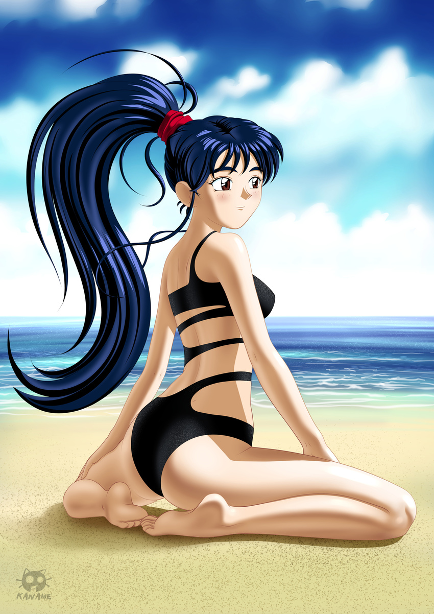 absurdres beach black_hair blush brown_eyes cloud day high_ponytail highres long_hair masaki_achika n.kaname ocean one-piece_swimsuit scrunchie sitting solo swimsuit tenchi_muyou! tenchi_muyou!_in_love very_long_hair wariza