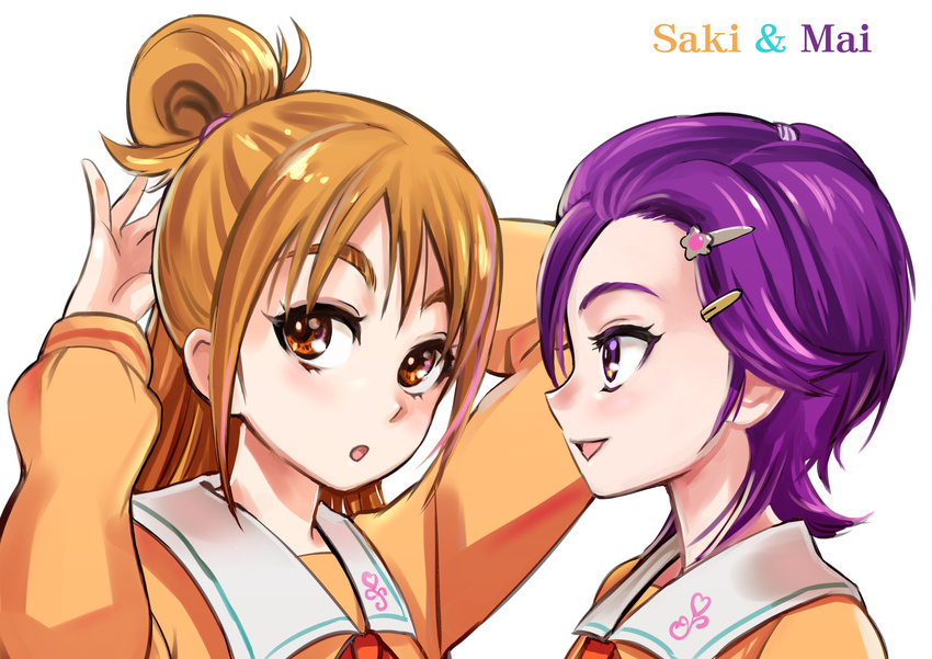 alternate_hairstyle brown_eyes brown_hair character_name futari_wa_precure_splash_star hair_bun hair_ornament hairclip hairstyle_switch highres hyuuga_saki long_hair looking_at_another mishou_mai multiple_girls precure puca-rasu purple_eyes purple_hair short_hair smile upper_body very_short_hair white_background yuunagi_middle_school_uniform