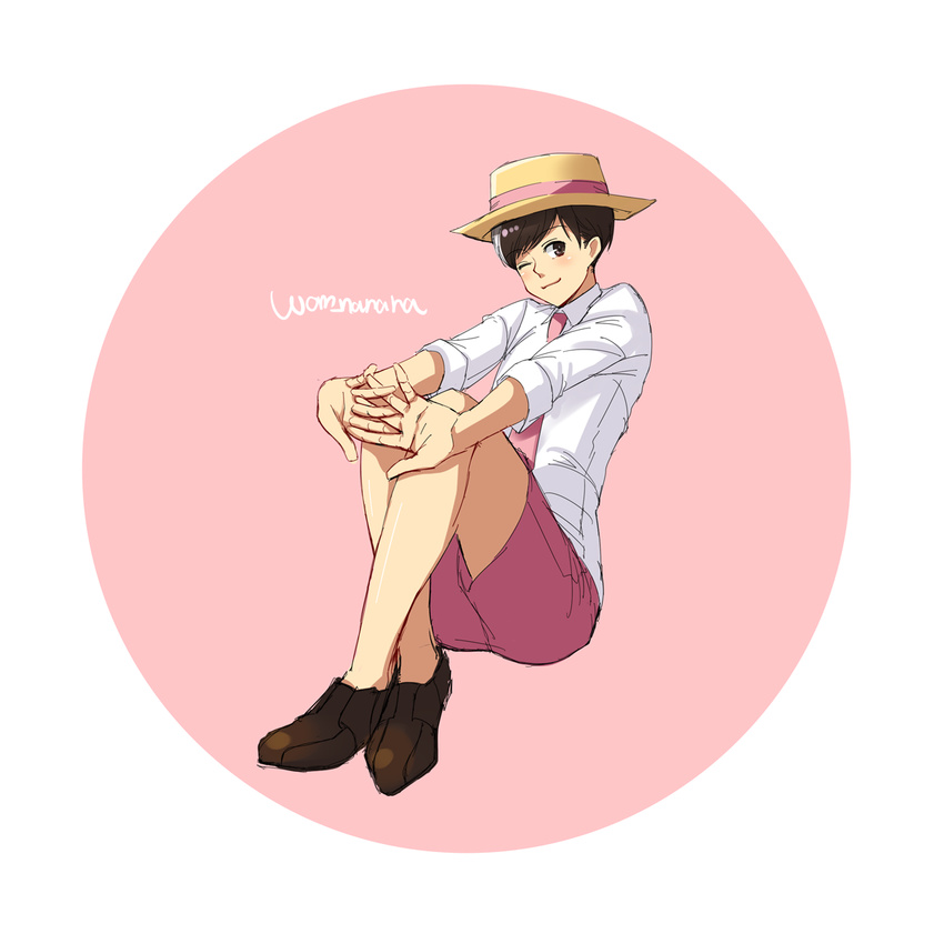 ;3 bad_id bad_tumblr_id brown_eyes circle dress_shirt hat highres looking_at_viewer male_focus matsuno_todomatsu necktie osomatsu-kun osomatsu-san pink_neckwear pink_shorts porkpie_hat round_image shirt shorts sitting solo wewomnanana