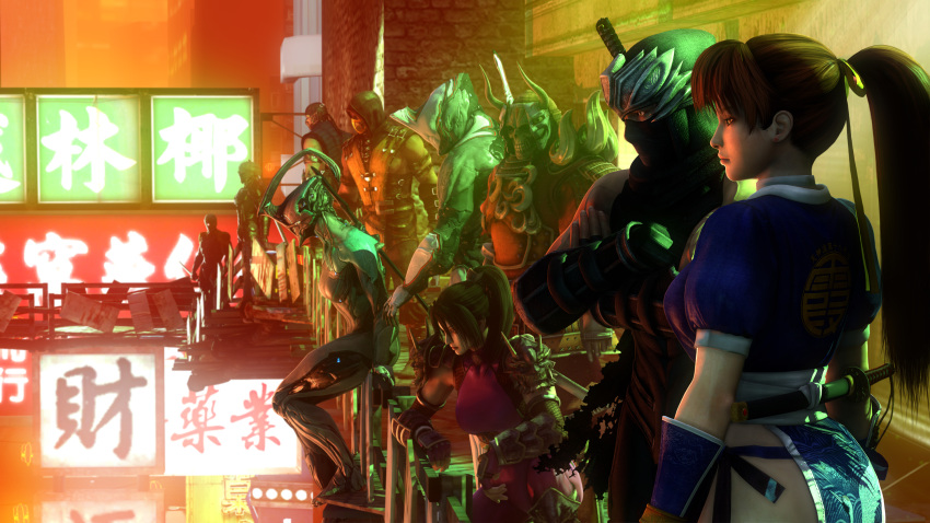 3d 3girls 6+boys armor black_gloves blue blue_eyes bodysuit breasts breath brown_eyes brown_hair building building_block choker city cleavage crossover cyberpunk cyborg dead_or_alive energy_sword excalibur eyepatch fantasy fingerless_gloves gloves glowing glowing_eyes gray_fox hand_gesture helmet holding holding_sword holding_weapon huge_breasts kasumi_(doa) katana large_breasts lens_flare long_hair mask mechanical_arm medium_breasts metal_gear_(series) metal_gear_rising:_revengeance mortal_kombat multiple_arms multiple_boys multiple_girls muscle ninja ninja_gaiden no_pupils nyx_(warframe) open_hand pale_skin panties pelvic_curtain ponytail raiden red_eyes ryu_hayabusa scorpion_(mortal_kombat) short_hair side-tie_panties skin_tight soul_calibur sub-zero sword tagme taki_(soulcalibur) tantou tekken thighhighs third-party_edit underwear warframe weapon white_hair white_legwear yoshimitsu