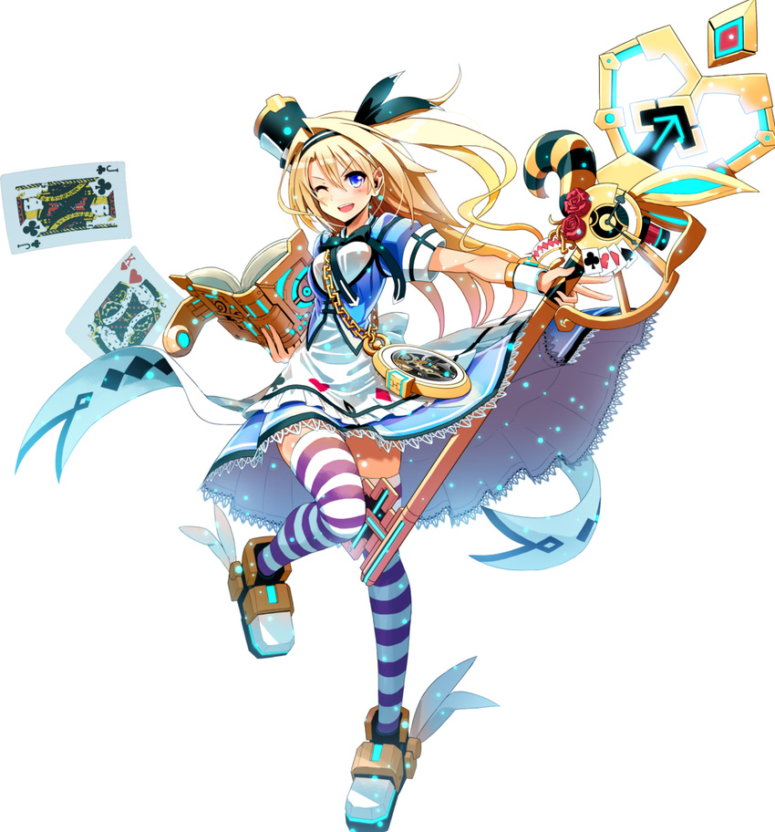 alice_(wonderland) alice_(wonderland)_(cosplay) blonde_hair blue_eyes book card clock cosmic_break cosplay hair_ribbon highres key long_hair official_art pocket_watch ribbon solo striped striped_legwear watch