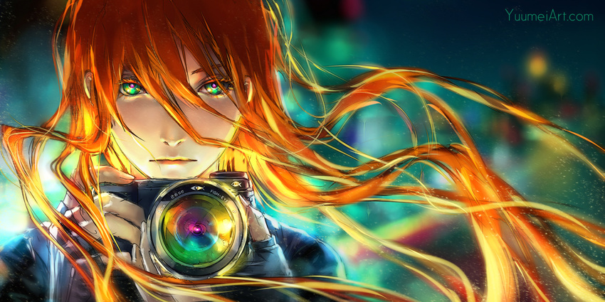 camera fingerless_gloves fisheye_placebo gloves green_eyes long_hair md5_mismatch red_hair robin_(fisheye_placebo) solo watermark web_address wenqing_yan