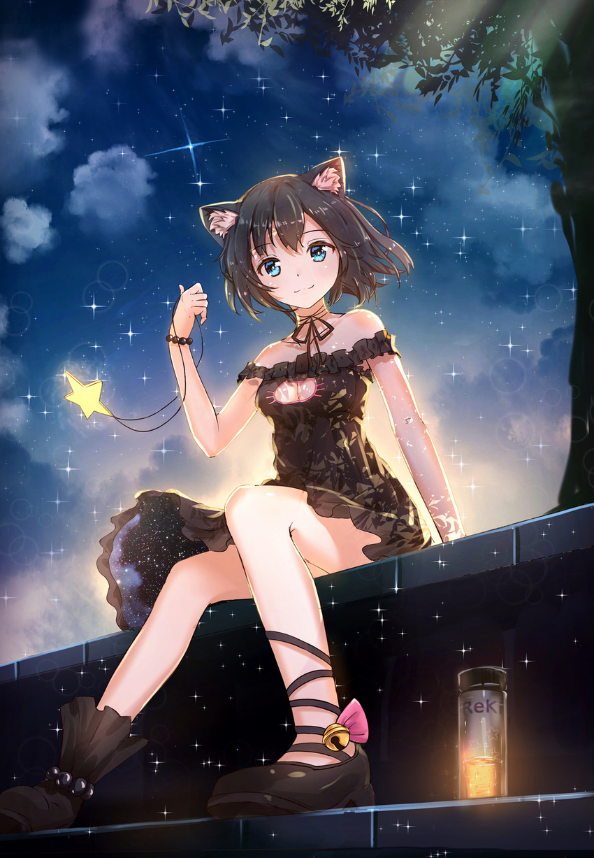 animal_ears anklet artist_name backlighting bare_legs bare_shoulders bell black_footwear black_hair black_ribbon bloom blue_eyes bottle bracelet breasts byakuya_reki cat_cutout cat_ears cat_lingerie choker cleavage cleavage_cutout collarbone dress foreshortening highres holding_necklace jewelry jingle_bell looking_at_viewer md5_mismatch medium_breasts meme_attire mismatched_footwear necklace night off-shoulder_dress off_shoulder original outdoors pearl_bracelet pendant plant ribbon ribbon_choker shoes short_hair sitting sky smile solo space_print sparkle star star_(sky) starry_sky starry_sky_print tree