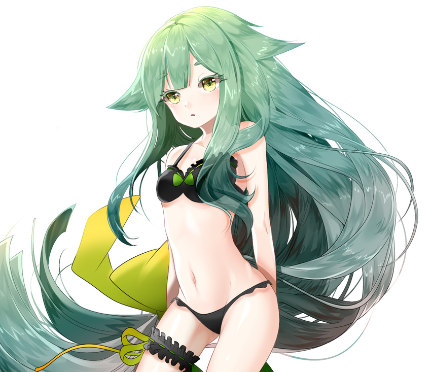 bad_id bad_pixiv_id bikini black_bikini blush bow breasts frilled_bikini frills gatchaman_crowds green_eyes green_hair leg_garter lepoule long_hair navel small_breasts solo swimsuit transparent_background utsutsu very_long_hair