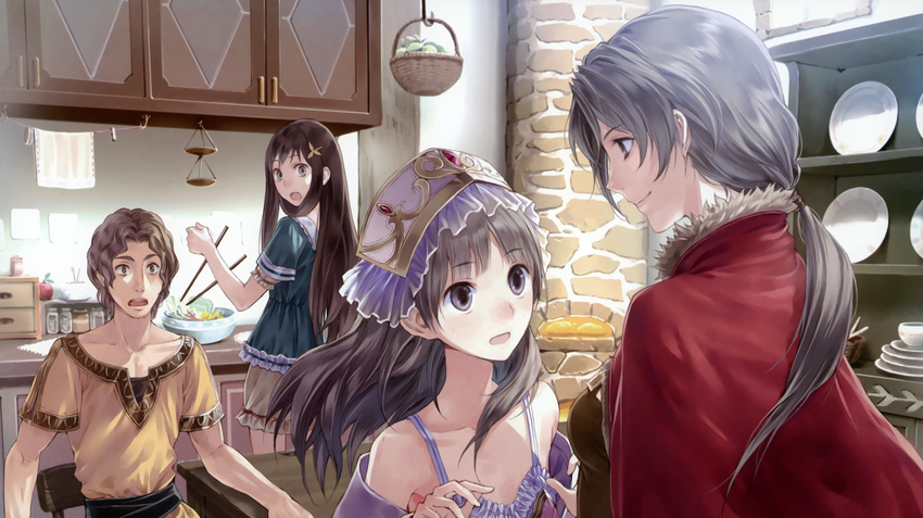 3girls absurdres atelier_(series) atelier_totori black_eyes black_hair brown_hair cecilia_helmold closed_eyes collarbone guid_helmold hair_ornament highres indoors kishida_mel kitchen long_hair multiple_girls official_art open_mouth ponytail short_hair smile totooria_helmold