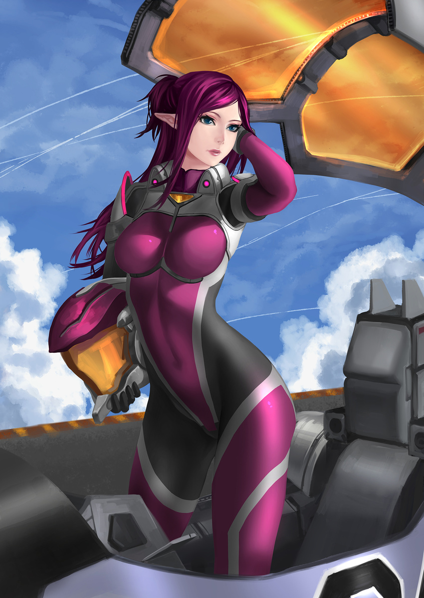 armor blue_eyes bodysuit breasts canopy cloud cockpit condensation_trail day ex-gear hand_in_hair helmet highres large_breasts macross macross_delta mecha mirage_farina_jenius open_cockpit pilot_suit pink_bodysuit pointy_ears power_suit purple_bodysuit purple_hair realistic science_fiction solo spacesuit uniform variable_fighter vf-31 vf-31c yand