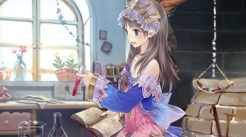 absurdres atelier_(series) atelier_totori black_eyes blue_sleeves brown_hair collarbone detached_sleeves erlenmeyer_flask flat_chest highres holding indoors kishida_mel long_hair official_art open_mouth solo totooria_helmold