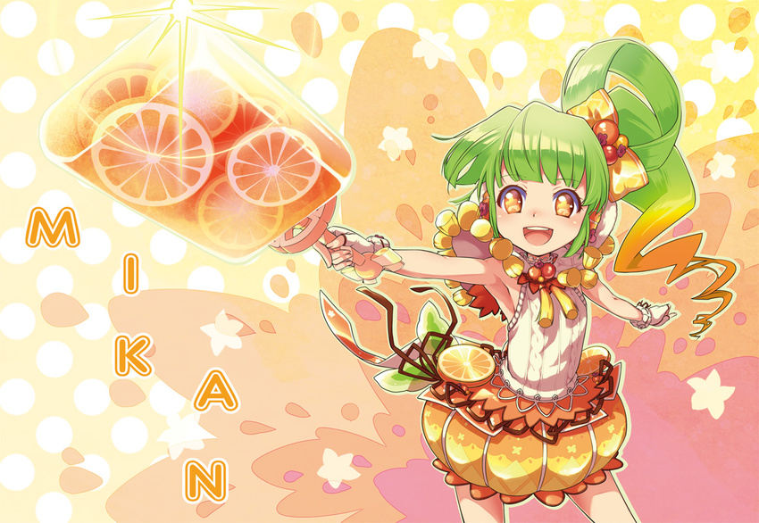 bubble_skirt fingerless_gloves food fruit gloves gradient_hair green_hair kawagoe_pochi long_hair mandarin_orange mikan_karatachi multicolored_hair orange_eyes ponytail ribbon_trim shironeko_project skirt sleeveless solo two-tone_hair