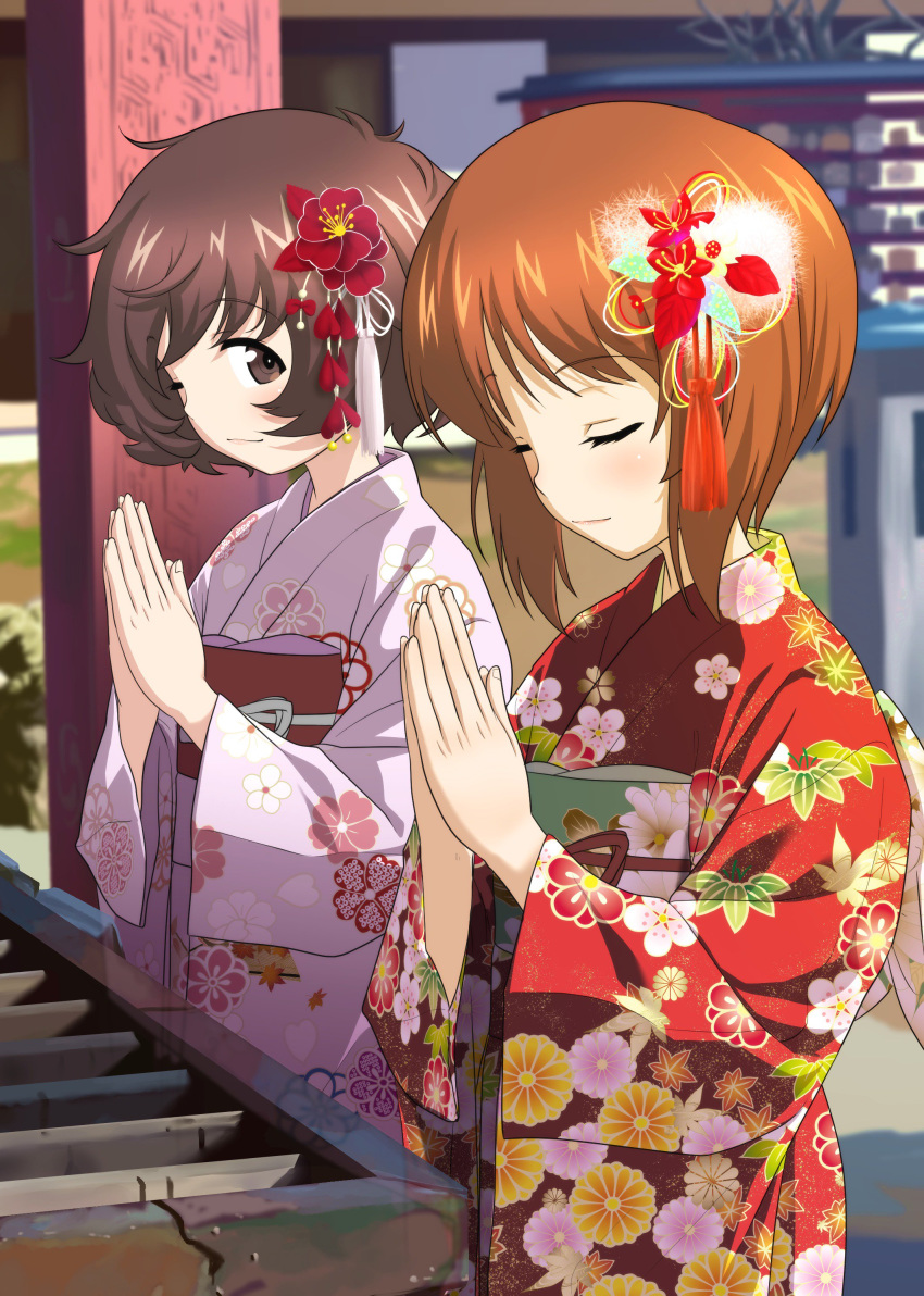 2girls absurdres akiyama_yukari architecture bangs blurry blurry_background box brown_eyes brown_hair closed_mouth commentary_request day depth_of_field donation_box east_asian_architecture excel_(shena) eyebrows_visible_through_hair floral_print flower girls_und_panzer hair_flower hair_ornament hands_together highres japanese_clothes kimono light_blush lips long_sleeves looking_at_another messy_hair multiple_girls nishizumi_miho obi outdoors pink_kimono praying print_kimono red_kimono sash shadow shinto short_hair shrine smile standing wide_sleeves