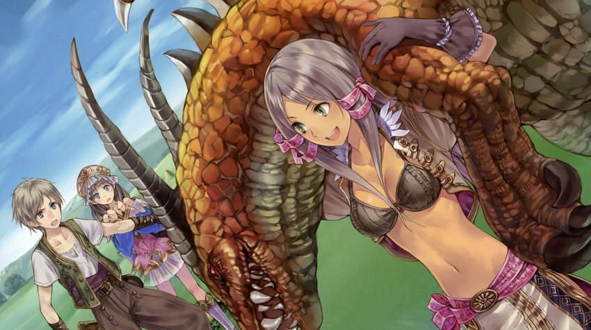 2girls absurdres atelier_(series) atelier_totori bikini_top blue_eyes blue_sleeves bra breasts brown_bra brown_gloves cleavage cloud collarbone day gino_knab gloves green_eyes grey_hair hair_ribbon highres holding kishida_mel long_hair medium_breasts mervia_siebel monster multiple_girls navel official_art open_mouth outdoors purple_ribbon ribbon short_hair sky totooria_helmold underwear