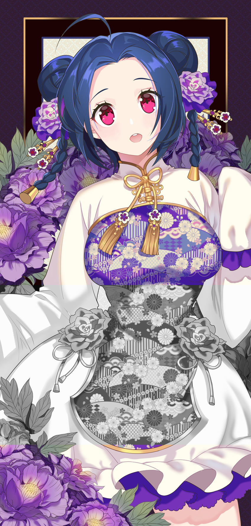 72producer absurdres ahoge blue_dress blue_hair braid breasts cowboy_shot double_bun dress floral_background floral_print flower frilled_dress frills hair_flower hair_ornament hair_stick highres idolmaster idolmaster_(classic) large_breasts leaf long_sleeves looking_at_viewer miura_azusa multicolored multicolored_clothes multicolored_dress open_mouth patterned_clothing peony_(flower) pink_eyes purple_dress purple_flower purple_rose red_eyes rose round_teeth short_hair sleeves_past_wrists solo tassel teeth twin_braids white_dress