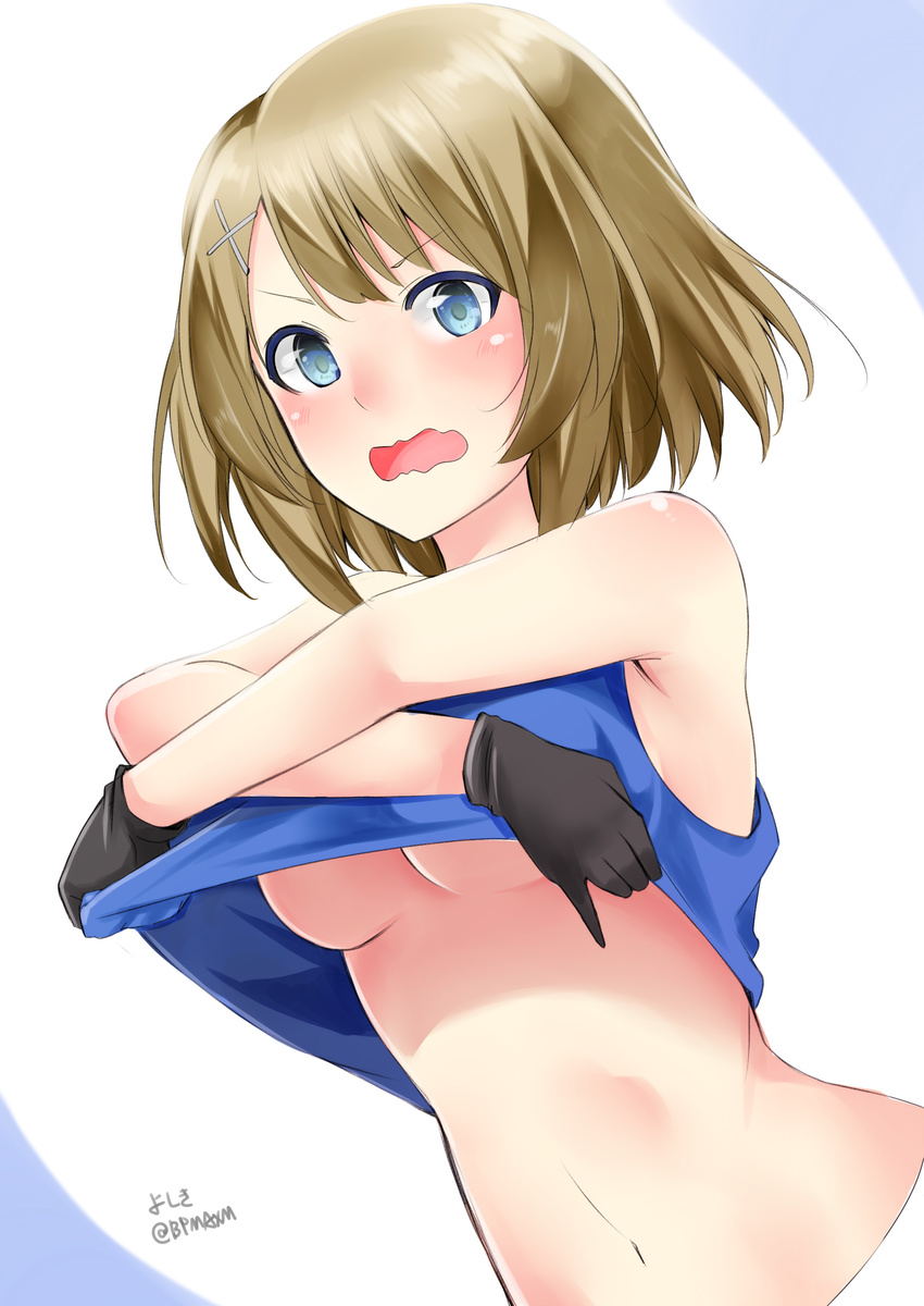 absurdres black_gloves blue_eyes breasts brown_hair embarrassed gloves hair_ornament highres kantai_collection logical looking_at_viewer maya_(kantai_collection) medium_breasts navel shirt_lift short_hair simple_background sleeveless solo underboob undressing wavy_mouth x_hair_ornament