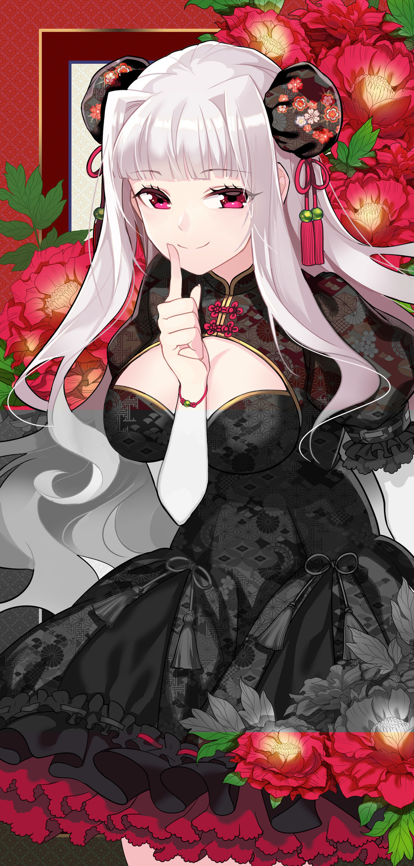 72producer absurdres bangs black_dress blunt_bangs bow bracelet breasts bun_cover china_dress chinese_clothes cleavage cleavage_cutout double_bun dress eyelashes finger_to_mouth floral_background floral_print flower frilled_dress frills hair_intakes highres hime_cut idolmaster idolmaster_(classic) index_finger_raised jewelry large_breasts leaf long_hair looking_at_viewer multicolored multicolored_clothes multicolored_dress patterned_clothing peony_(flower) pink_eyes red_background red_eyes shijou_takane smile solo tassel white_hair