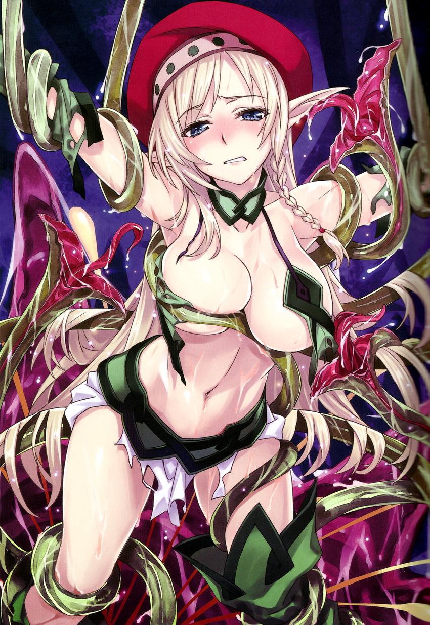 alleyne_(queen's_blade) armpits bare_shoulders beret blonde_hair blue_eyes blush boots bound bound_arms braid breasts covered_nipples ear_licking elbow_gloves elf frown gloves green_gloves groin hat highres imminent_rape knee_boots kneeling large_breasts leaning_forward licking long_hair looking_at_viewer matsuryuu midriff navel nose_blush pointy_ears queen's_blade restrained revealing_clothes scan side_braid single_braid skirt sleeveless solo sweat tareme tentacles tongue tongue_out torn_clothes torn_gloves torn_skirt weapon white_skirt