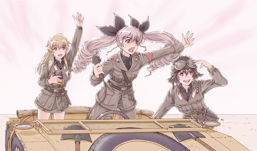 alternate_hair_color anchovy anzio_military_uniform arm_up backlighting belt binoculars blonde_hair bow braid car carpaccio convertible dagger drill_hair girls_und_panzer goggles goggles_on_head ground_vehicle hair_bow hand_on_own_head helmet highres kubelwagen long_hair military military_uniform military_vehicle motor_vehicle multiple_girls necktie open_mouth outstretched_arm pepperoni_(girls_und_panzer) pink_hair purple_hair short_hair shovel side_braid simple_background skirt smile twin_drills uniform waving weapon white_background yoshikawa_kazunori