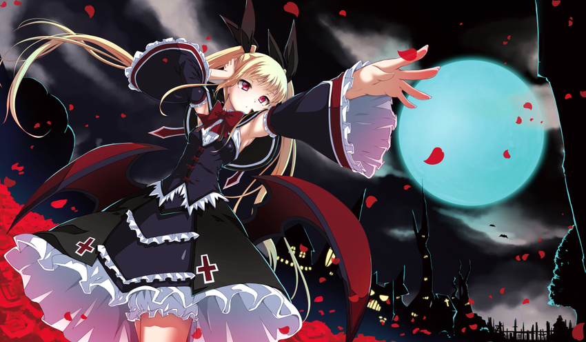 bangs bat_wings blazblue blonde_hair bloomers bow bowtie building closed_mouth cloud cowboy_shot cross_print detached_sleeves floating_hair flower frills full_moon hair_ribbon hand_on_own_head kaname_nagi long_hair looking_away low_wings moon night night_sky outdoors outstretched_arm petals rachel_alucard red_bow red_eyes red_flower red_neckwear red_rose red_wings ribbon rose sidelocks skirt skirt_set sky solo tree twintails underwear upskirt wide_sleeves wings