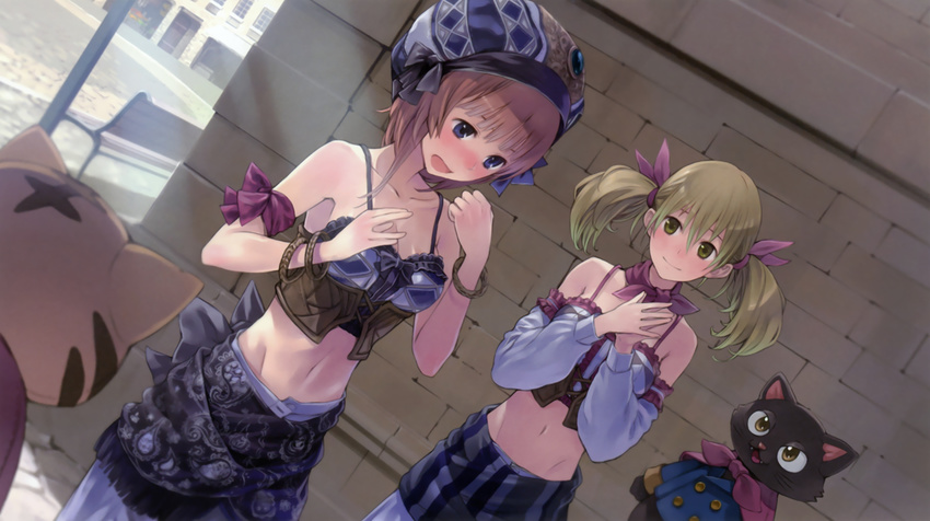 alternate_costume atelier_(series) atelier_rorona blue_eyes breasts brown_hair cat cleavage detached_sleeves green_eyes groin hair_ribbon hat highres kishida_mel lionela_heinze long_hair medium_breasts multiple_girls navel open_mouth outdoors purple_ribbon ribbon rororina_fryxell smile twintails white_sleeves