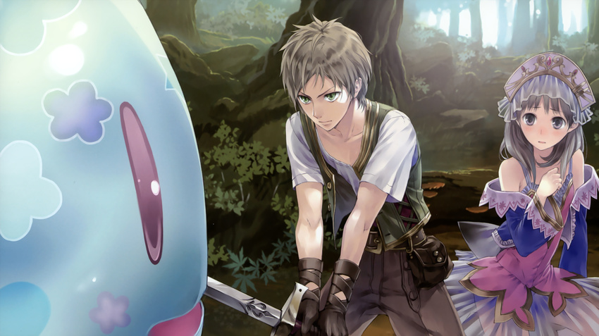 1girl absurdres atelier_(series) atelier_totori blue_sleeves brown_gloves brown_hair collarbone forest gino_knab gloves green_eyes highres holding holding_sword holding_weapon kishida_mel long_hair nature official_art outdoors puni_(atelier) purple_eyes short_hair sword totooria_helmold weapon