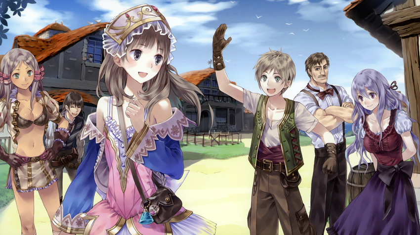 3girls absurdres atelier_(series) atelier_totori bikini_top blue_sleeves bra breasts brown_bra brown_gloves brown_hair cleavage closed_eyes collarbone facial_hair gerhard_konev gino_knab gloves hair_ribbon hands_on_hips highres kishida_mel light_brown_hair long_hair medium_breasts mervia_siebel multiple_boys multiple_girls mustache navel official_art open_mouth outdoors pamela_ibiss peter_lietz purple_hair purple_ribbon ribbon short_hair totooria_helmold underwear waving