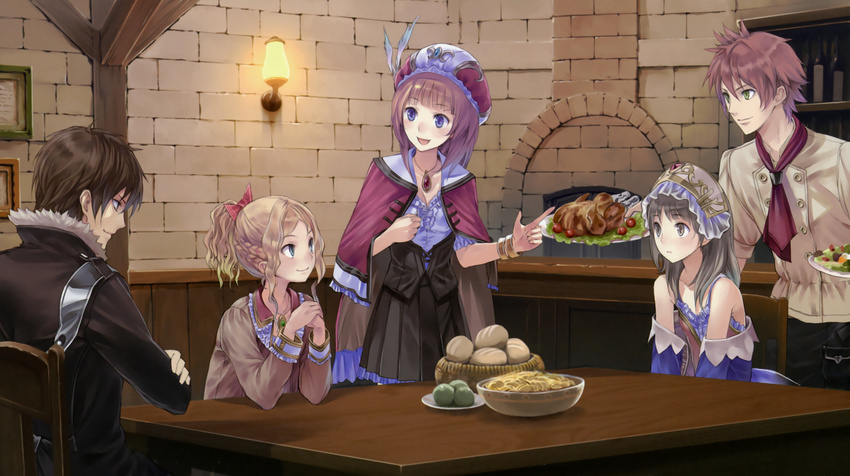 3girls absurdres atelier_(series) atelier_totori black_hair blue_eyes blue_sleeves bread brown_eyes brown_hair collarbone crossed_arms cuderia_von_feuerbach food green_eyes hair_ribbon hands_together hat highres iksel_jahnn index_finger_raised indoors jewelry kishida_mel light_brown_hair long_hair multiple_boys multiple_girls necklace official_art red_ribbon ribbon rororina_fryxell short_hair smile sterkenburg_cranach totooria_helmold