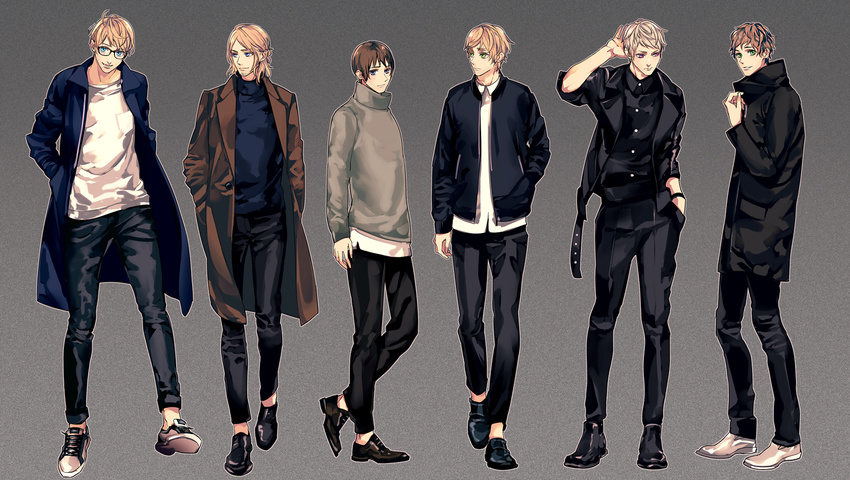 america_(hetalia) axis_powers_hetalia blonde_hair blue_eyes brown_hair facial_hair france_(hetalia) glasses green_eyes highres jacket japan_(hetalia) long_coat long_hair multiple_boys prussia_(hetalia) short_hair spain_(hetalia) stubble sumi_tooru sweater united_kingdom_(hetalia)