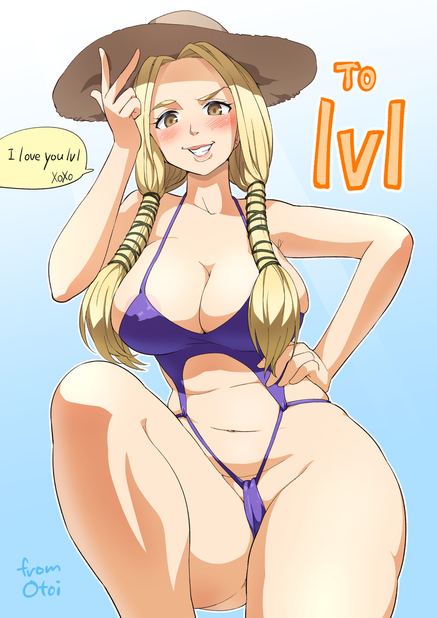 areola_slip areolae belly blonde_hair breasts brown_eyes cleavage grin hand_on_hip hat highres large_breasts leg_lift lips long_hair looking_at_viewer otoi_rekomaru smile solo straw_hat thick_thighs thighs