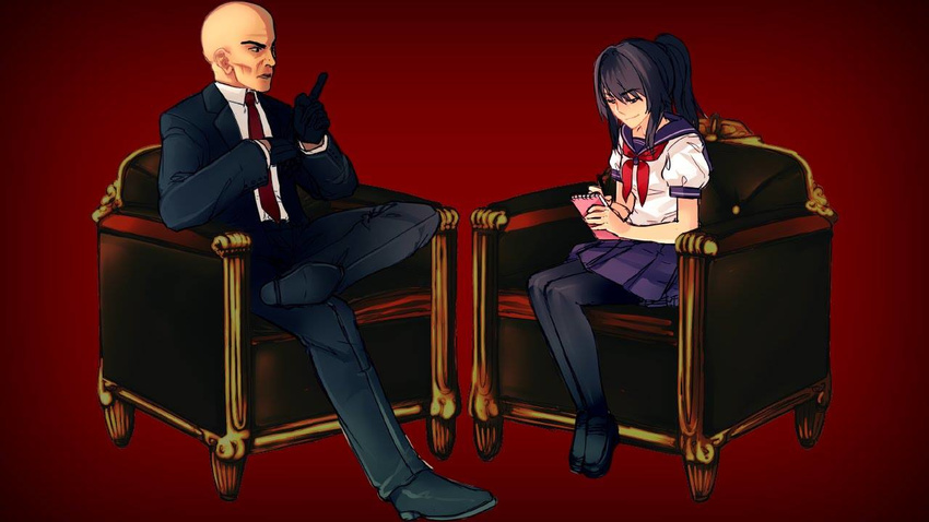 1girl agent_47 ayano_aishi bald black_hair couch formal gloves hitman_(game) jpeg_artifacts notepad pantyhose ponytail school_uniform serafuku source_request suit taking_notes yandere_simulator