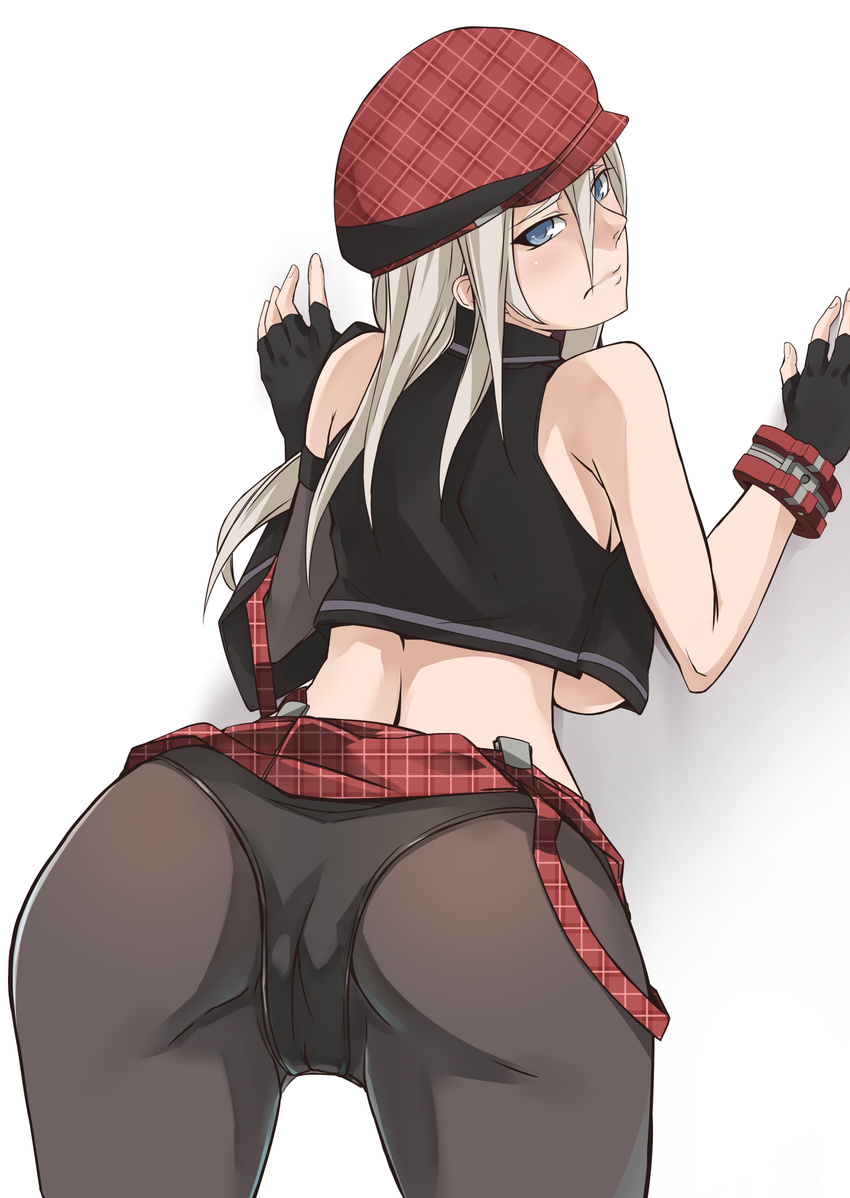 alisa_ilinichina_amiella ass blue_eyes breasts cabbie_hat el_(egoistic_parade) elbow_gloves fingerless_gloves from_behind gloves god_eater hat highres large_breasts long_hair looking_at_viewer looking_back panties pantyhose silver_hair skirt solo suspender_skirt suspenders underboob underwear