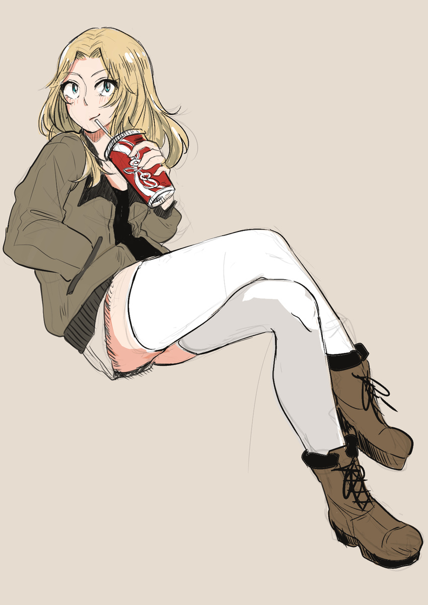 blonde_hair blue_eyes bomber_jacket boots coca-cola comic crossed_legs cup disposable_cup drinking_straw full_body girls_und_panzer hand_in_pocket highres jacket kani_aruki_(bucket_crawl) kay_(girls_und_panzer) long_hair military military_uniform open_clothes open_jacket parted_bangs saunders_military_uniform shorts sitting smile thighhighs uniform