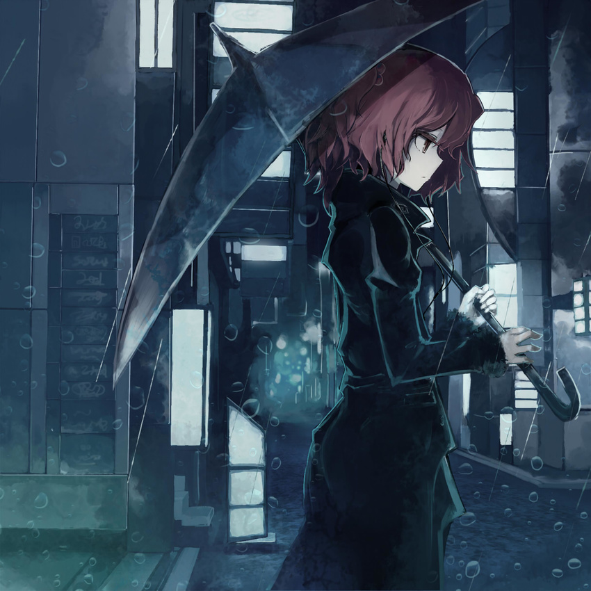 alternate_breast_size building closed_mouth contemporary cowboy_shot elbow_gloves from_side fur_trim gloves hair_bobbles hair_ornament highres holding holding_umbrella juliet_sleeves long_sleeves looking_down onozuka_komachi outdoors profile puffy_sleeves rain raincoat red_eyes red_hair road scythe solo standing street touhou town two_side_up umbrella water water_drop window yoshioka_yoshiko