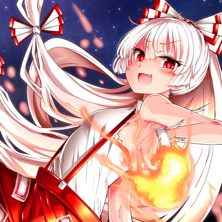 :d armpits baggy_pants bare_shoulders blush bow breasts commentary_request cowboy_shot fang fire fujiwara_no_mokou hair_bow highres long_hair looking_at_viewer open_mouth pants red_eyes red_pants roki_(hirokix) shirt sleeveless sleeveless_shirt small_breasts smile solo suspenders touhou v-shaped_eyebrows very_long_hair white_hair white_shirt wristband