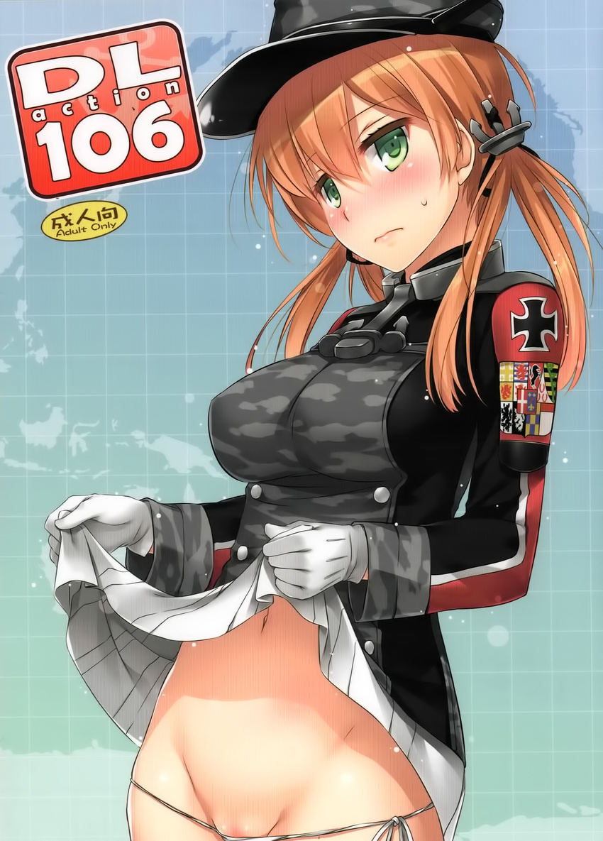 anchor_hair_ornament black_ribbon black_skirt blonde_hair breasts camouflage cover cover_page doujin_cover gloves green_eyes groin hair_ornament hat highres iron_cross kantai_collection large_breasts long_sleeves looking_at_viewer low_twintails lowleg lowleg_panties microskirt military military_hat military_uniform nakajima_yuka navel panties peaked_cap prinz_eugen_(kantai_collection) remodel_(kantai_collection) ribbon scan side-tie_panties skirt skirt_lift solo sweat twintails underwear uniform white_gloves white_panties