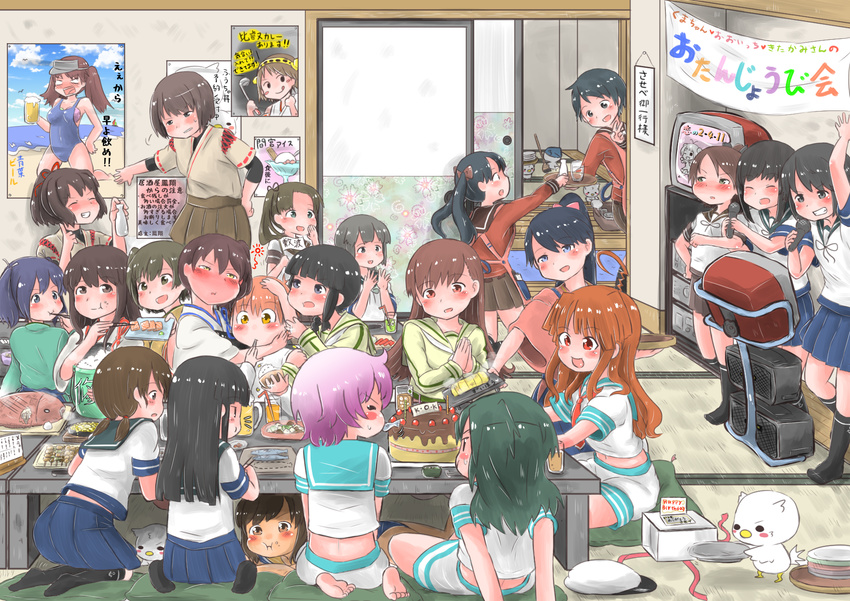 apron ayanami_(kantai_collection) barefoot black_hair black_legwear blush_stickers breast_padding brown_eyes brown_hair cake chopsticks commentary_request fish food fubuki_(kantai_collection) green_hair hands_together hat hat_removed hatsuharu_(kantai_collection) hatsuyuki_(kantai_collection) headwear_removed hiei_(kantai_collection) highres hiromochi_jin hiryuu_(kantai_collection) holding houshou_(kantai_collection) hyuuga_(kantai_collection) i-401_(kantai_collection) ice_cream ise_(kantai_collection) kaga_(kantai_collection) kantai_collection kiso_(kantai_collection) kitakami_(kantai_collection) kneehighs kuma_(kantai_collection) little_boy_admiral_(kantai_collection) long_hair mikuma_(kantai_collection) miyuki_(kantai_collection) mogami_(kantai_collection) multiple_girls naka_(kantai_collection) one-piece_swimsuit ooi_(kantai_collection) pleated_skirt poster purple_hair red_eyes rice ryuujou_(kantai_collection) school_uniform seiza serafuku shikinami_(kantai_collection) shirayuki_(kantai_collection) short_hair short_ponytail sitting skirt smile souryuu_(kantai_collection) swimsuit tama_(kantai_collection) translation_request twintails