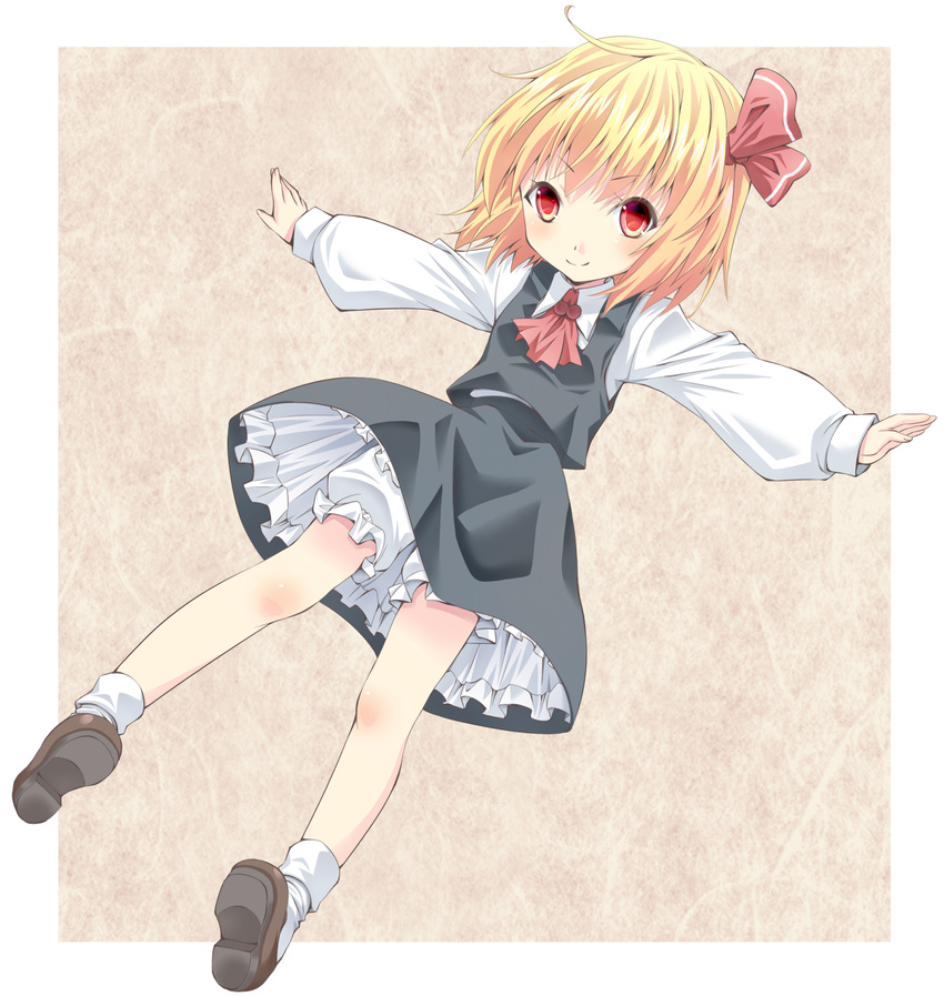 &gt;:) blonde_hair bloomers frilled_skirt frills highres komiru outstretched_arms red_eyes rumia shirt skirt smile solo spread_arms touhou underwear upskirt v-shaped_eyebrows vest