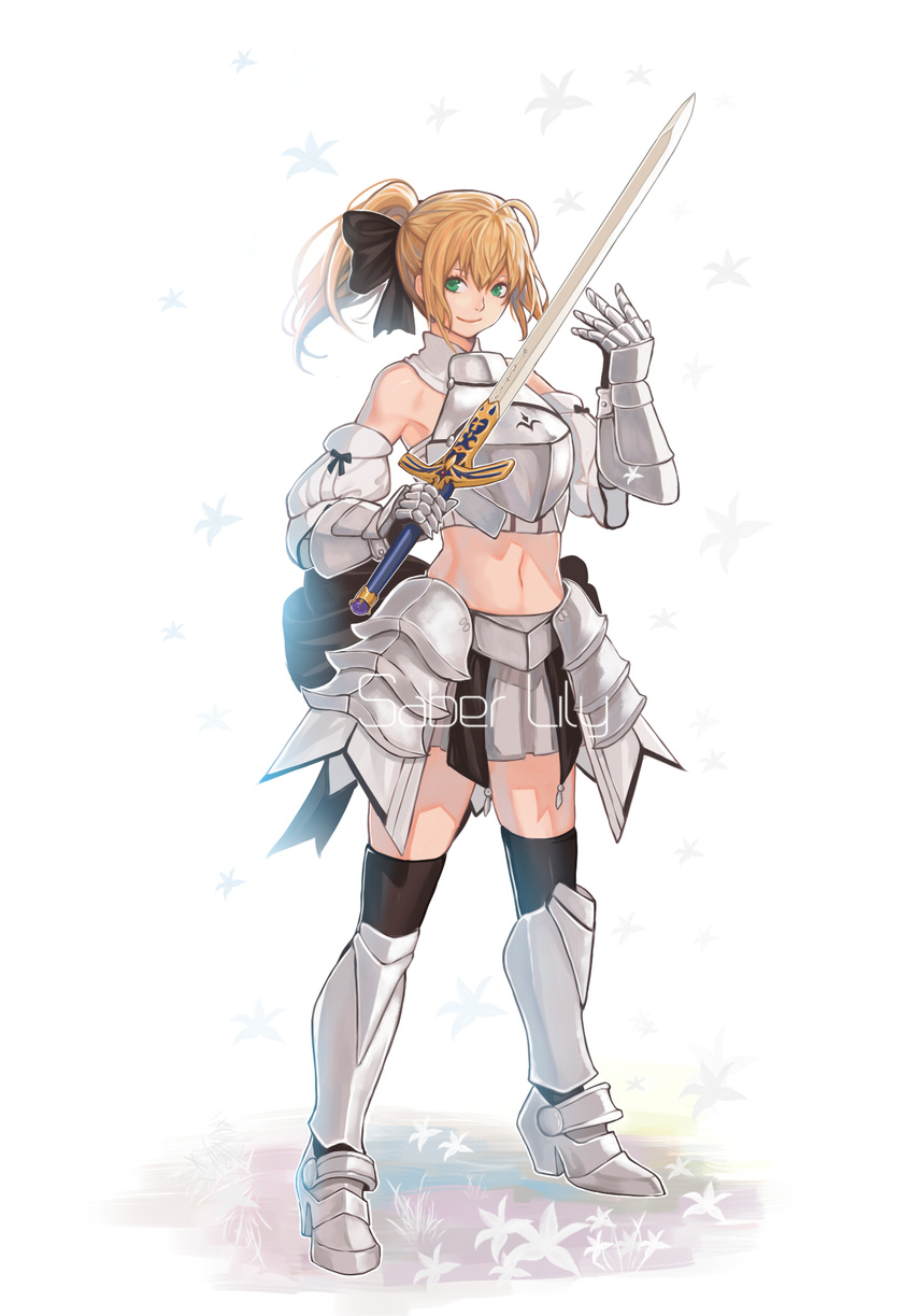 armor armored_dress artoria_pendragon_(all) bad_id bad_pixiv_id bare_shoulders black_legwear blonde_hair boots bow breastplate caliburn detached_collar detached_sleeves fate/stay_night fate/unlimited_codes fate_(series) floral_background full_body gauntlets greaves green_eyes hair_bow hand_up highres holding holding_sword holding_weapon knee_boots looking_at_viewer miniskirt mizu_(dl7613) navel ponytail sabaton saber saber_lily skirt smile solo standing sword thighhighs weapon white_background zettai_ryouiki