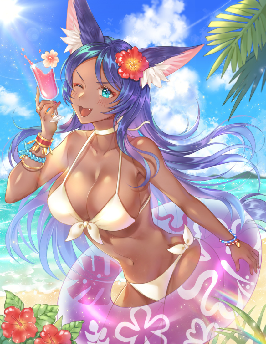 &gt;:) 1girl :3 animal_ears aqua_eyes arm_up armlet bangle bangs beach bikini blue_sky blush bracelet breasts cloud collarbone cowboy_shot cup dark_skin drink drinking_glass eyebrows_visible_through_hair fang fate/grand_order fate_(series) floating_hair flower front-tie_bikini front-tie_top grass hair_flower hair_ornament hibiscus highres holding holding_cup holding_innertube innertube jewelry large_breasts lavender_hair leaf light_particles long_hair looking_at_viewer makeup multicolored_hair nail_polish navel neck_ring one_eye_closed open_mouth outdoors palm_tree pink_nails purple_hair queen_of_sheba_(fate/grand_order) rainbow red_flower shiny shiny_hair shiny_skin side-tie_bikini sidelocks sky smile solo stomach sun sunlight swept_bangs swimsuit tree two-tone_hair ubi_(ekdus6080) water water_drop white_bikini