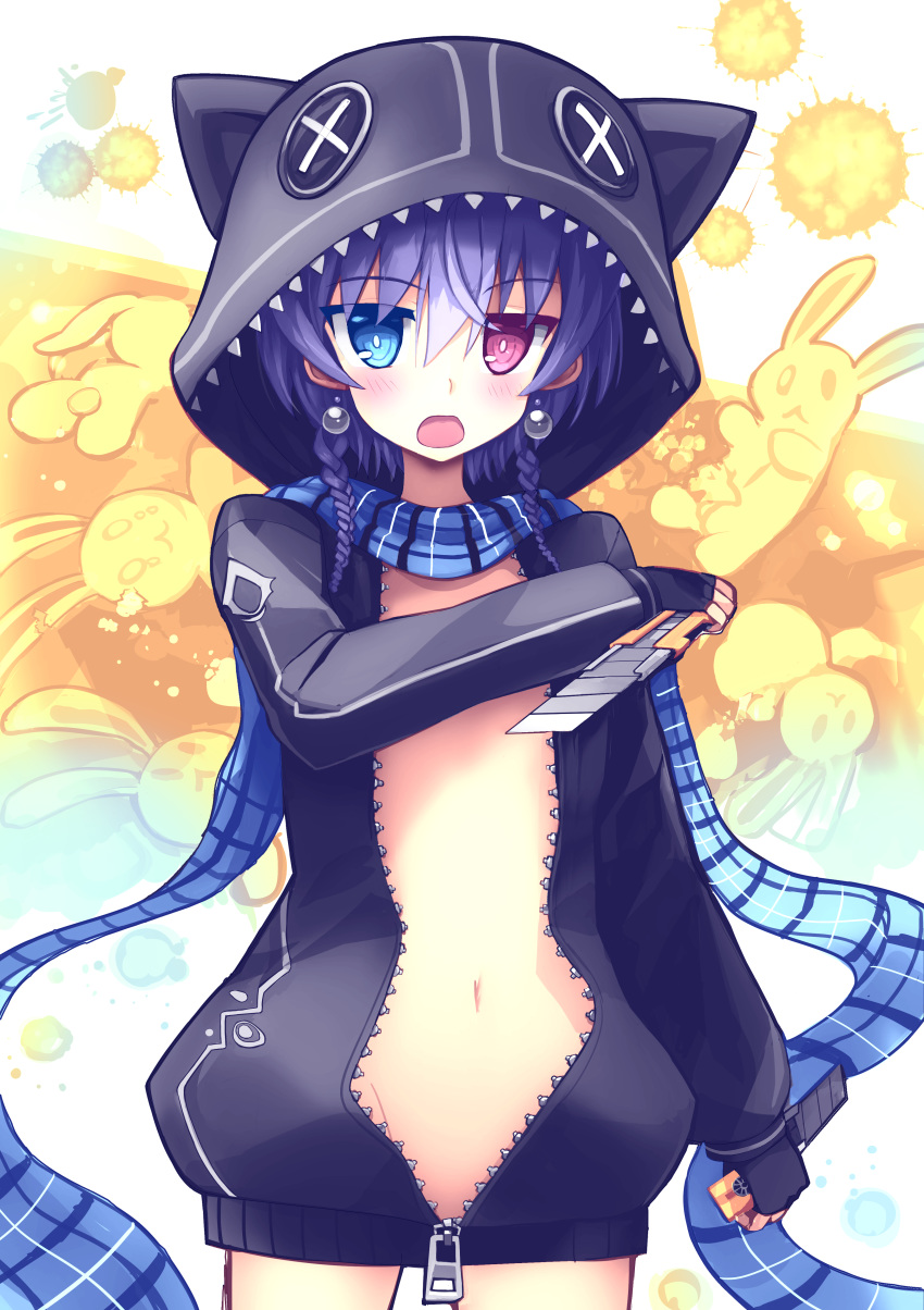 1girl absurdres animal_ears bare_chest bare_legs black_gloves black_hoodie black_jacket blue_eyes blue_hair blue_scarf blush braid bunny cat_ears clip_studio_paint commentary_request cowboy_shot earrings eyebrows_visible_through_hair fingerless_gloves flat_chest gloves hair_between_eyes heterochromia highres holding holding_knife hood hoodie jacket jewelry knife long_scarf navel no_bra no_panties open_clothes open_jacket original plaid plaid_scarf red_eyes scarf short_hair solo tranquillianusmajor weapon