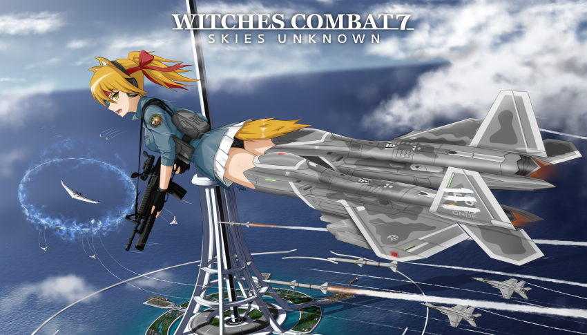 absurdres ace_combat_7 animal_ears arsenal_bird blonde_hair blue_eyes cloud condensation_trail f-18_hornet f-22_raptor fingerless_gloves fox_ears gloves graphite_(medium) highres mechanical_pencil missile ocean pencil space_elevator strike_witches striker_unit traditional_media uav weapon_request world_witches_series zero_(73ro)