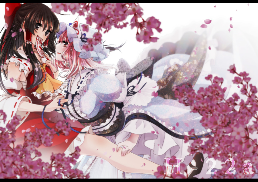 ascot blue_dress blurry brown_eyes brown_hair cherry_blossoms covering_mouth detached_sleeves dress flower hair_ribbon hair_tubes hakurei_reimu hat ice_(aitsugai) japanese_clothes letterboxed long_hair long_sleeves mary_janes miko mob_cap multiple_girls obi ofuda open_mouth petals pink_hair profile puffy_sleeves red_eyes ribbon saigyouji_yuyuko sarashi sash shirt shoes short_hair simple_background skirt skirt_set smile touhou triangular_headpiece veil white_background wide_sleeves