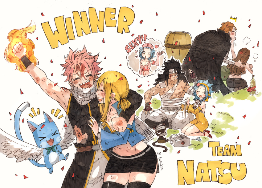 3girls black_hair blonde_hair blue_hair cana_alberona cat fairy_tail gajeel_redfox gildarts_clive happy_(fairy_tail) levy_mcgarden multiple_boys multiple_girls natsu_dragneel nurse nurse_cap pantherlily red_hair rusky