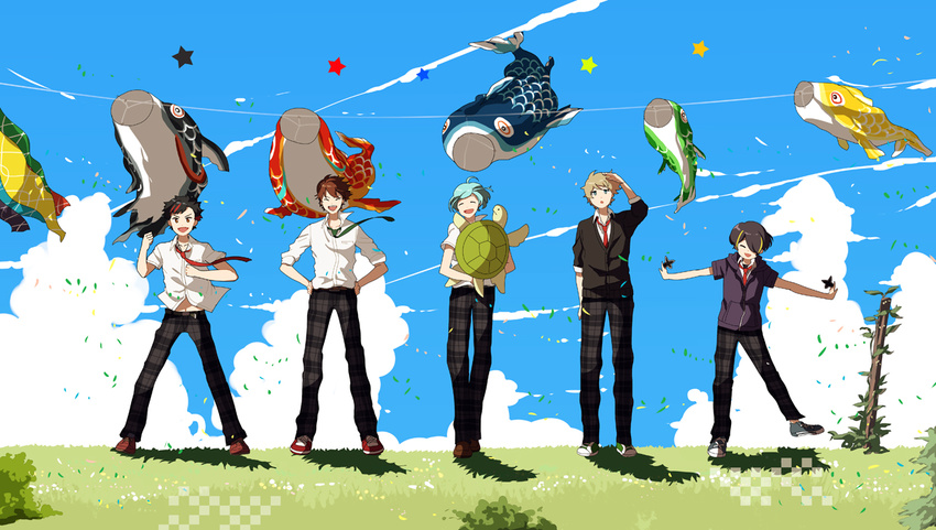 :d ^_^ ^o^ ahoge animal aqua_hair black_hair blonde_hair blue_eyes blue_sky brown_hair character_request clenched_hand closed_eyes cloud collared_shirt condensation_trail day dress_shirt ensemble_stars! full_body grass green_neckwear hair_ornament hairclip hand_on_hip hands_on_hips horizon houhou_(black_lack) kite kodomo_no_hi koinobori long_pants looking_afar looking_at_viewer looking_up morisawa_chiaki multicolored_hair multiple_boys nagumo_tetora necktie open_mouth outdoors outstretched_arms pants plaid plaid_pants plant red_neckwear ryuuseitai school_uniform sengoku_shinobu shinkai_kanata shirt shuriken sky smile spread_arms standing star streaked_hair takamine_midori turtle v-shaped_eyebrows visible_air wind wing_collar yumenosaki_school_uniform