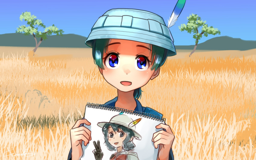 1girl :d black_gloves blue_eyes commentary_request day drawing gloves grass green_hair hat hat_feather holding kaban_(kemono_friends) kemono_friends kyururu_(kemono_friends) looking_at_viewer open_mouth outdoors savannah short_hair signature sketchbook smile solo tree upper_body v welt_(kinsei_koutenkyoku)