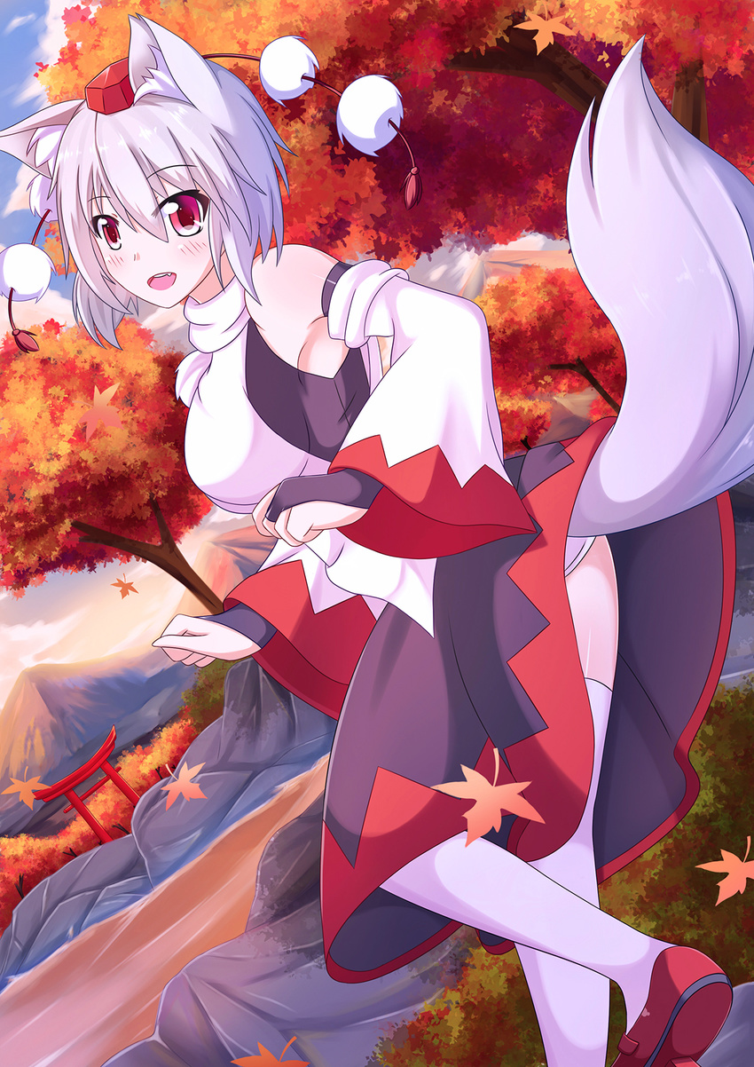 animal_ears autumn_leaves bare_shoulders breasts commentary detached_sleeves geta hat highres inubashiri_momiji large_breasts leaf looking_at_viewer looking_back nugi_(armenci) open_mouth panties pom_pom_(clothes) red_eyes short_hair silver_hair skirt skirt_lift solo tail tokin_hat torii touhou underwear white_panties wide_sleeves wolf_ears wolf_tail