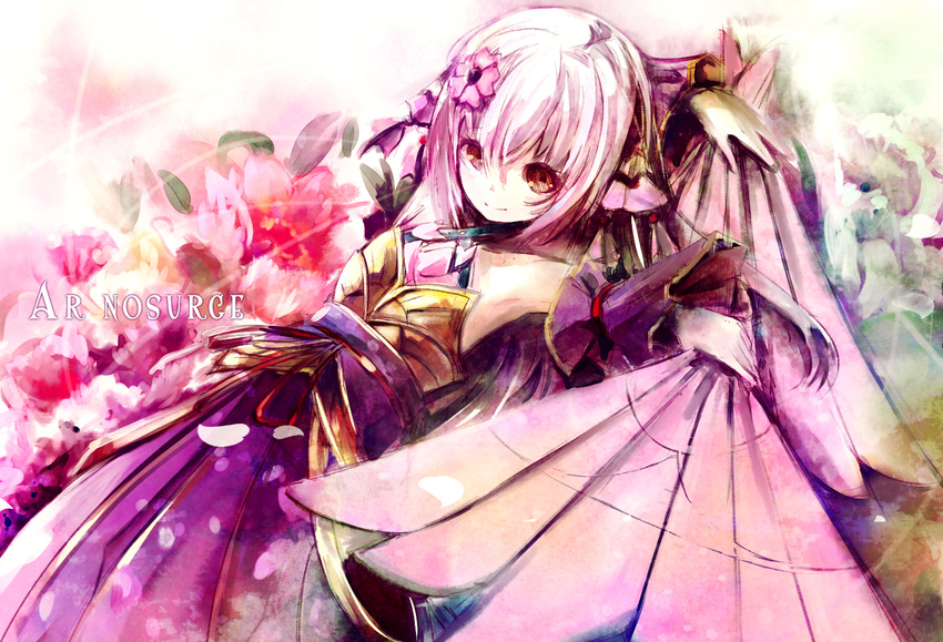 ar_nosurge bare_shoulders fan flower hair_flower hair_ornament missile228 nelo_(surge_concerto) silver_hair smile solo surge_concerto